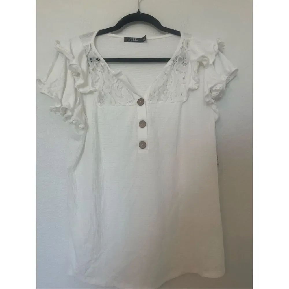 White Lace Ruffle Button-Front Top NEW NWT - Picture 2 of 6